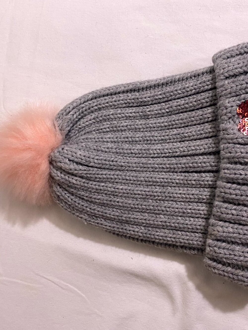 Joe Fresh Kids Girls Gray Knit Beanie Hat Pink Pom Pom Sequin Heart Size L/XL